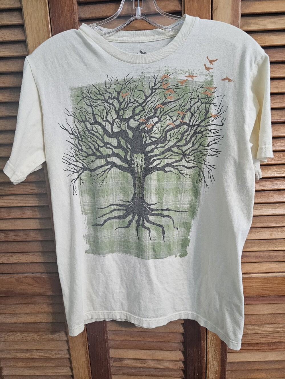 Tell The People Cream Graphic Tree Guitar Crewneck T-Shirt Size Small